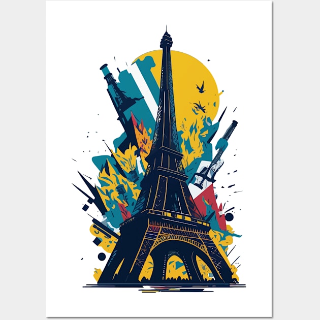 Vibrant illustration of chaotic debris around the Eiffel tower Wall Art by amithachapa